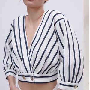 Zara Navy and White Striped Blouse